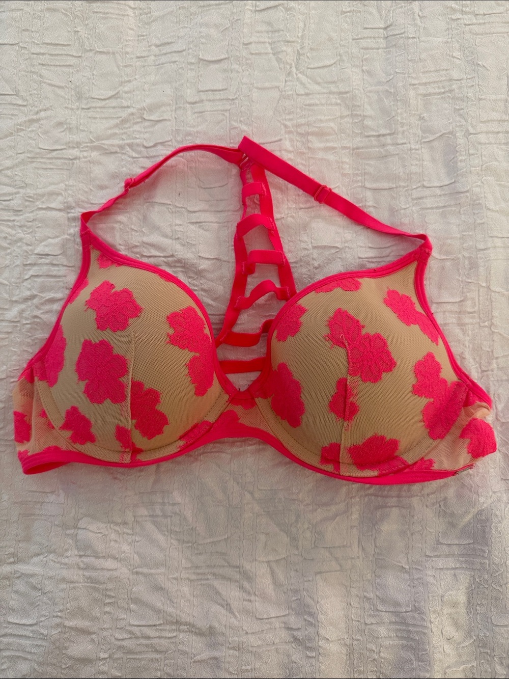 PINK Victoria's Secret Neon Pink Floral Lace Strappy Caged Push-Up Bra 36B